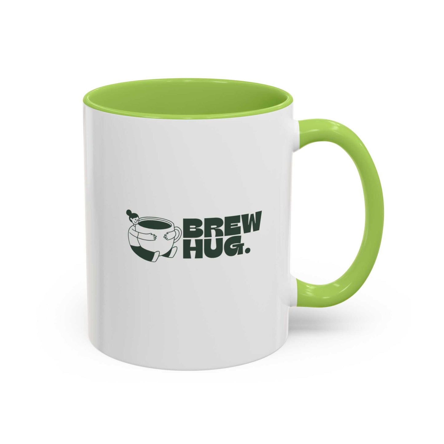White mug with green interior and handle, featuring 'Brew Hug' text and logo.