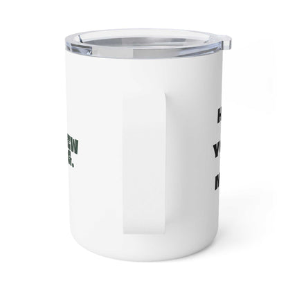 White tumbler with black text on a white background