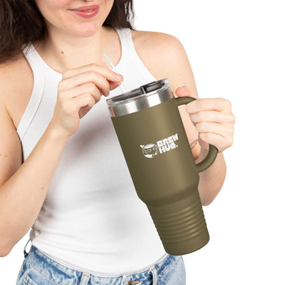 Person holding a green travel mug with 'Brew Hug' logo on a white background