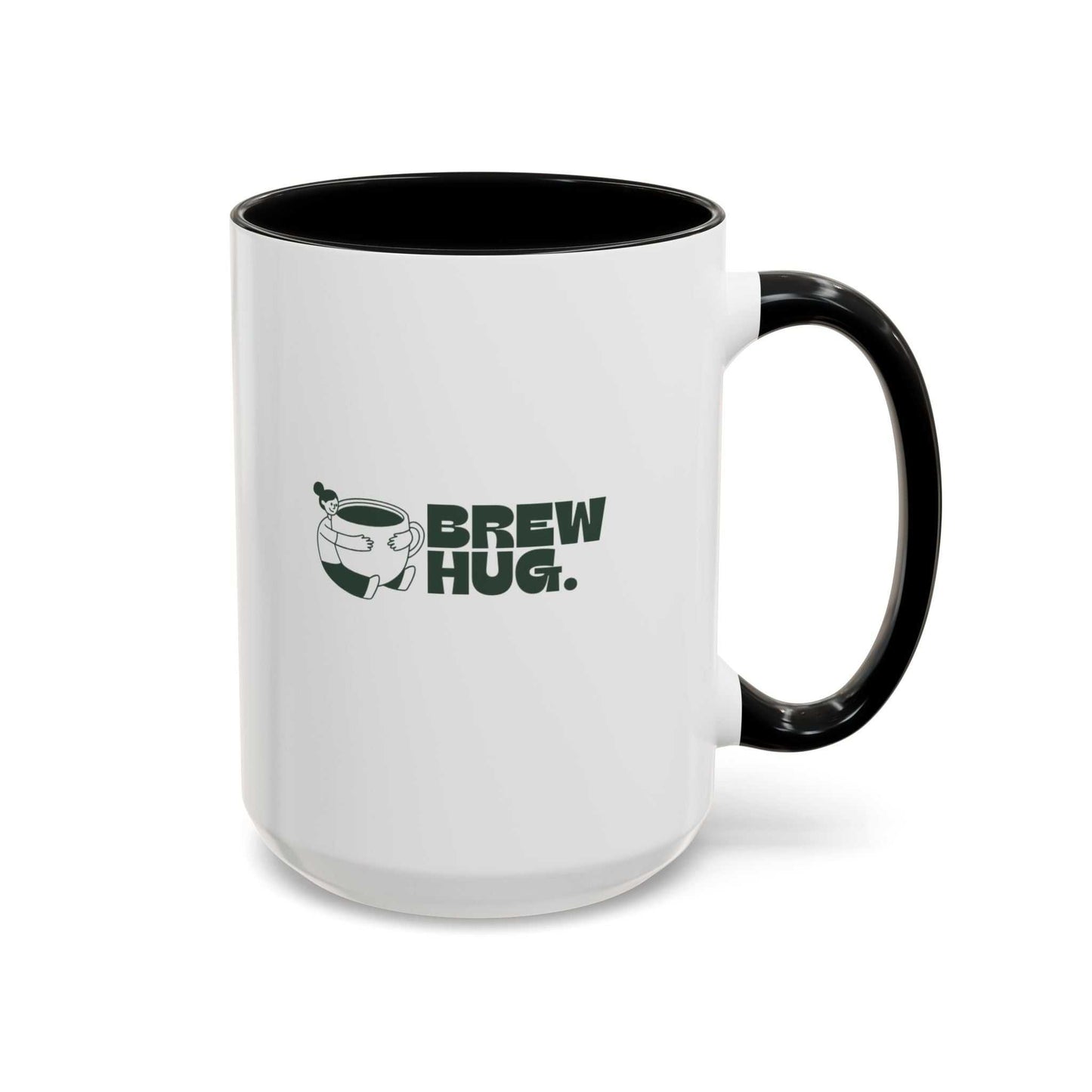 White mug with black interior and handle, featuring 'Brew Hug' text and graphic on a white background.