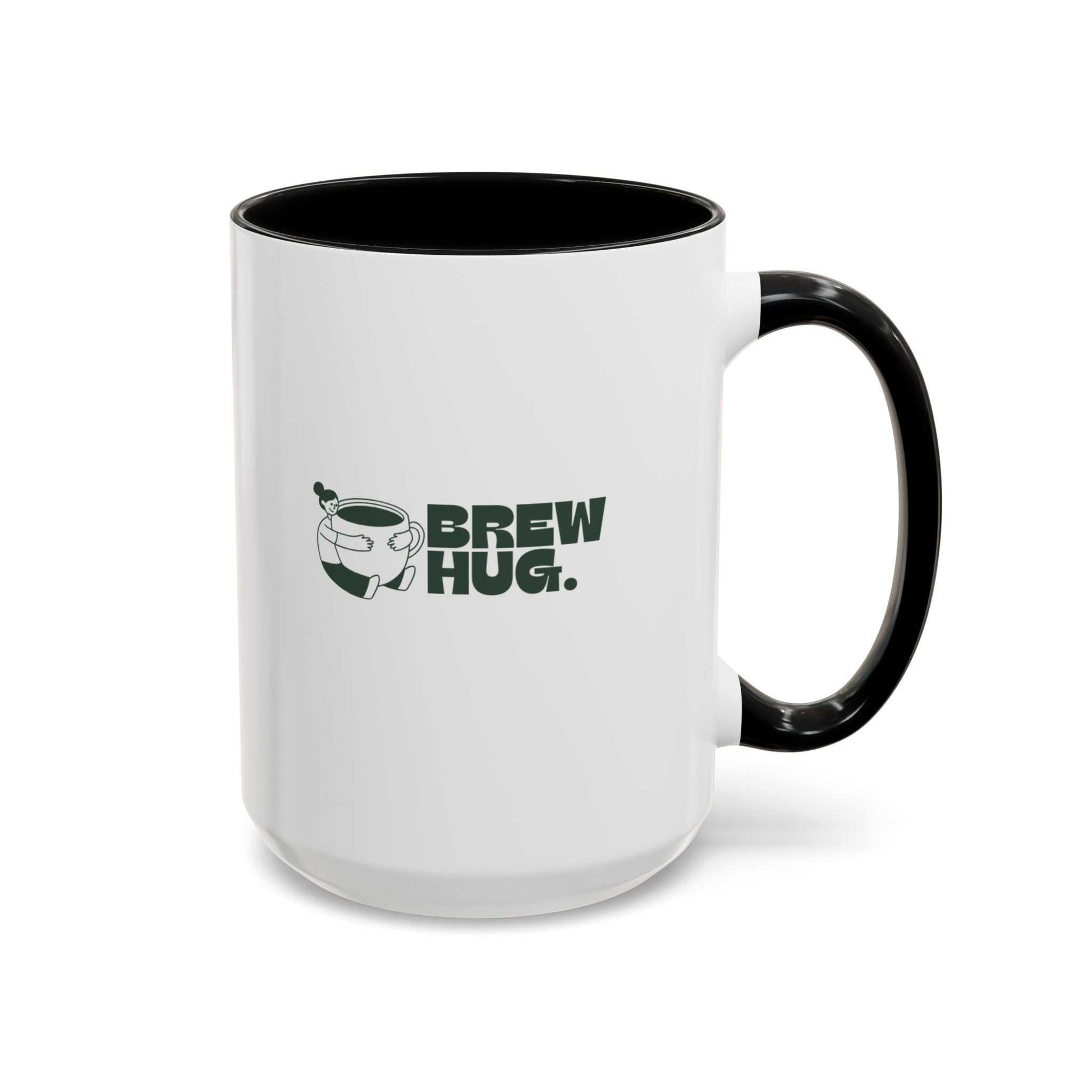 White mug with black interior and handle, featuring 'Brew Hug' text and graphic on a white background.