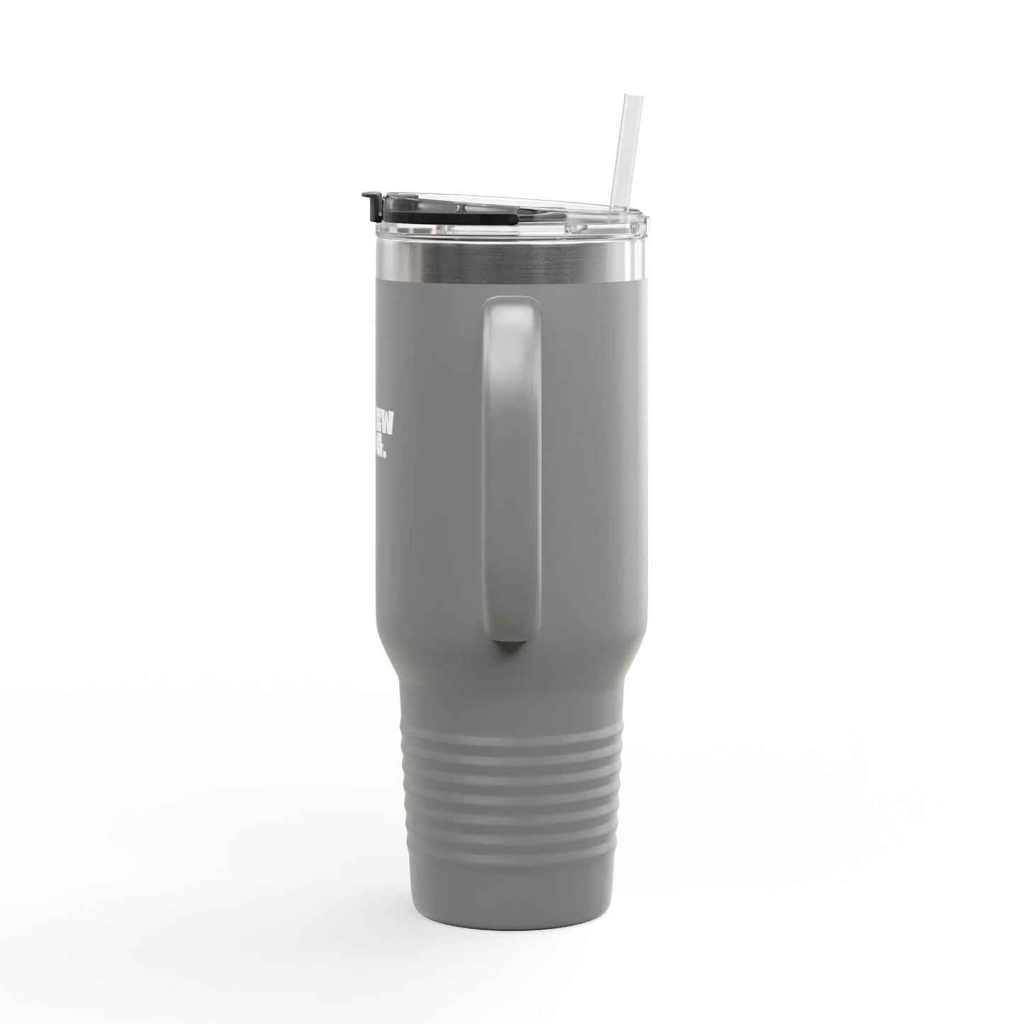Gray insulated tumbler with a straw on a white background