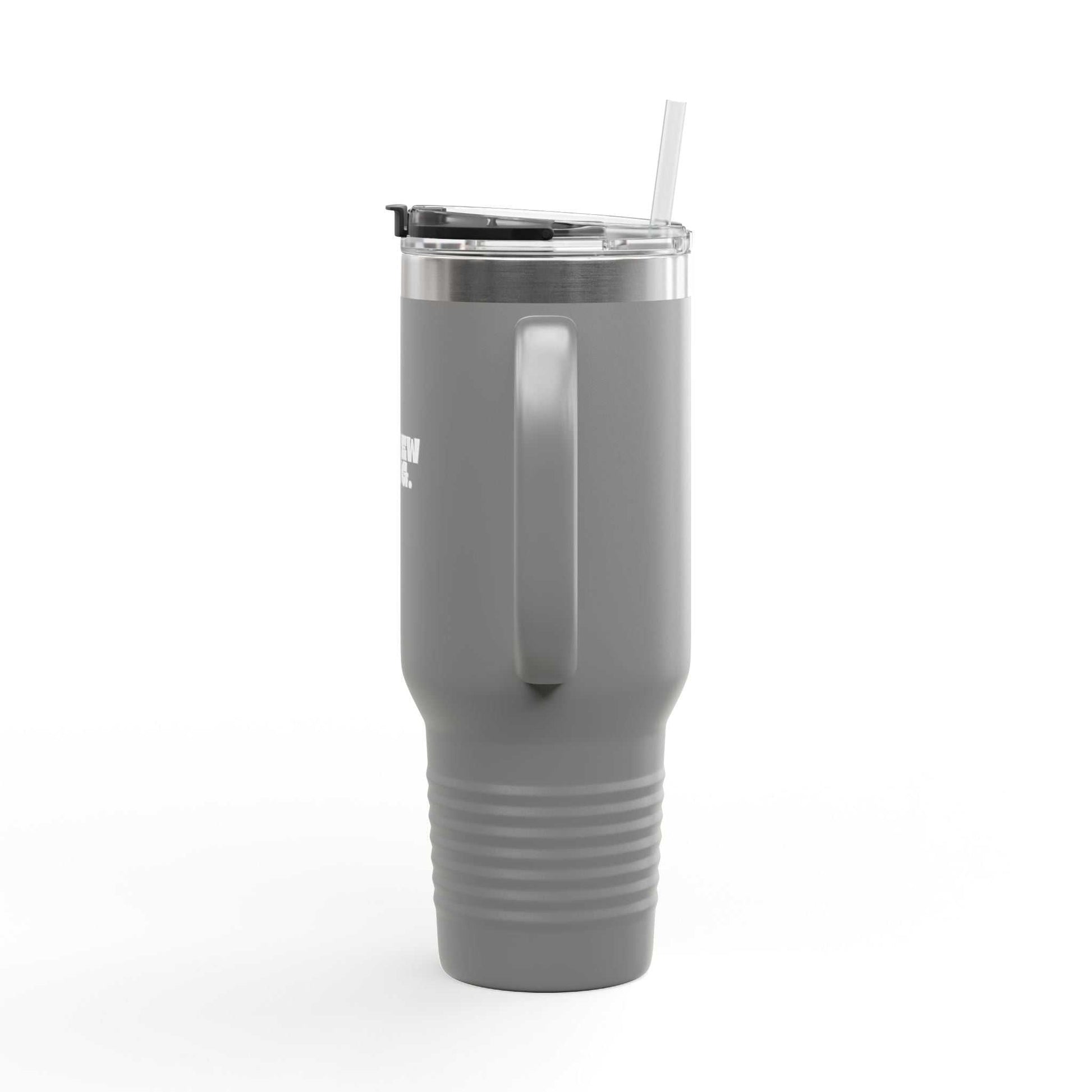 Gray insulated tumbler with a straw on a white background