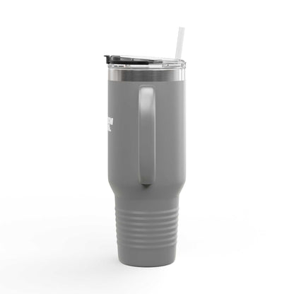 Gray insulated tumbler with a straw on a white background