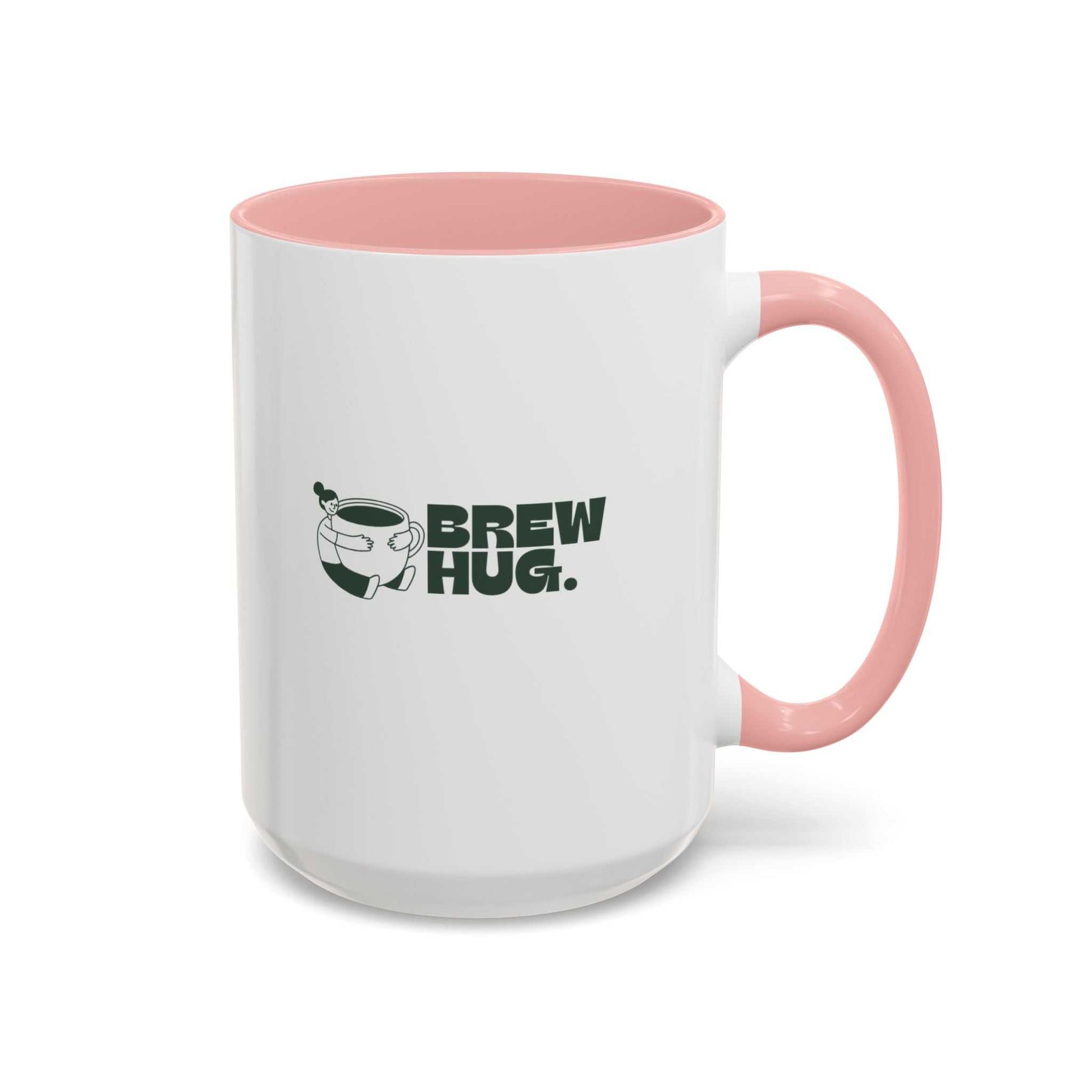White mug with pink handle and interior, featuring 'Brew Hug' text and graphic.