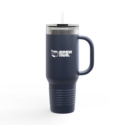 Navy blue travel mug with a straw on a white background
