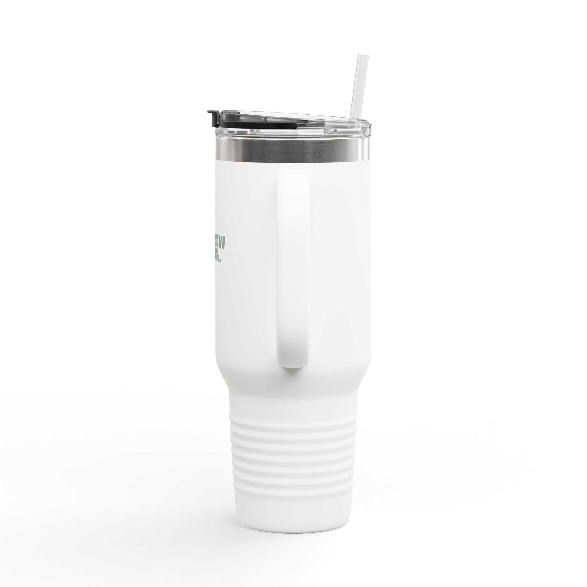 White tumbler with a straw on a white background