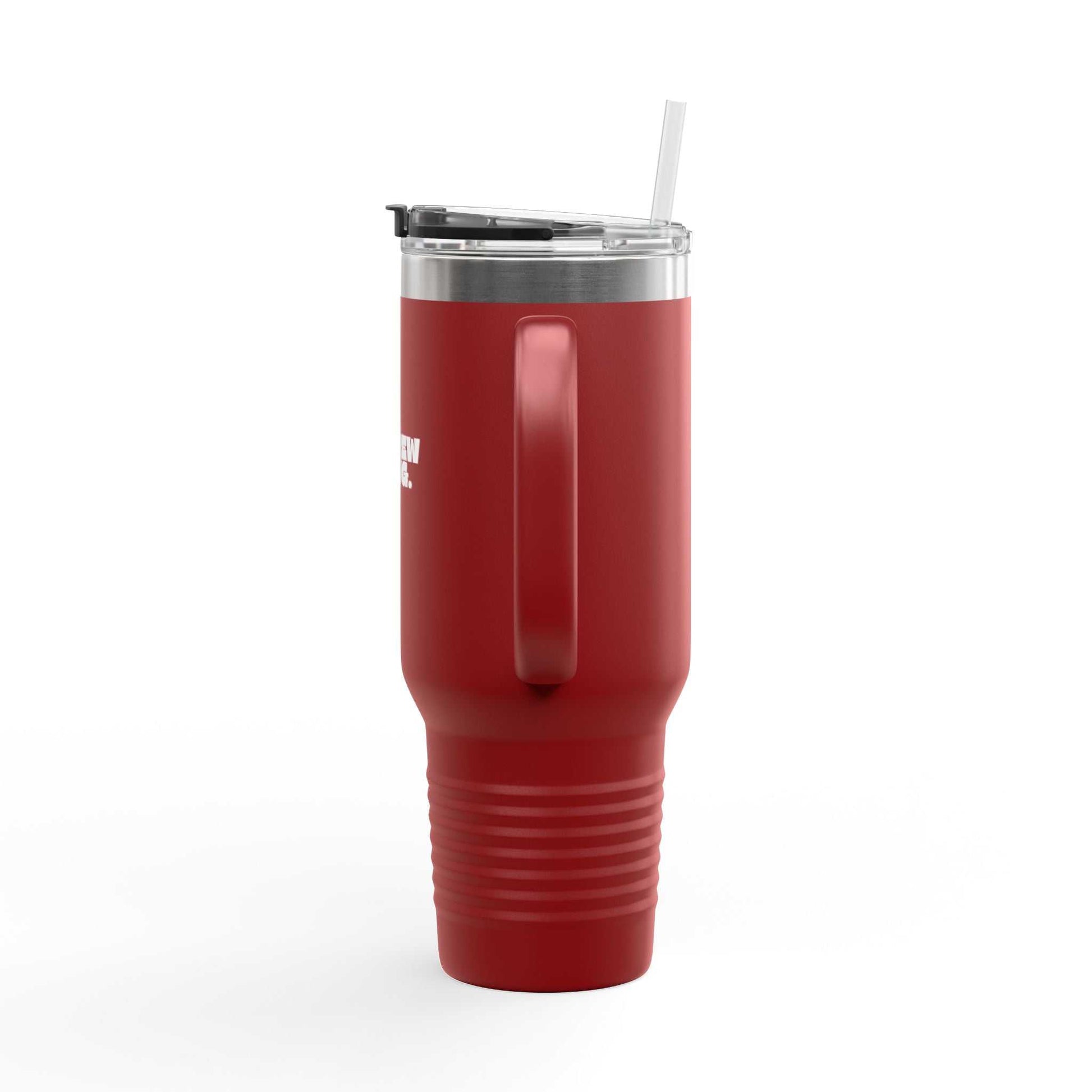 Red tumbler with a straw on a white background