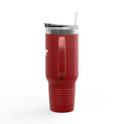 Red tumbler with a straw on a white background