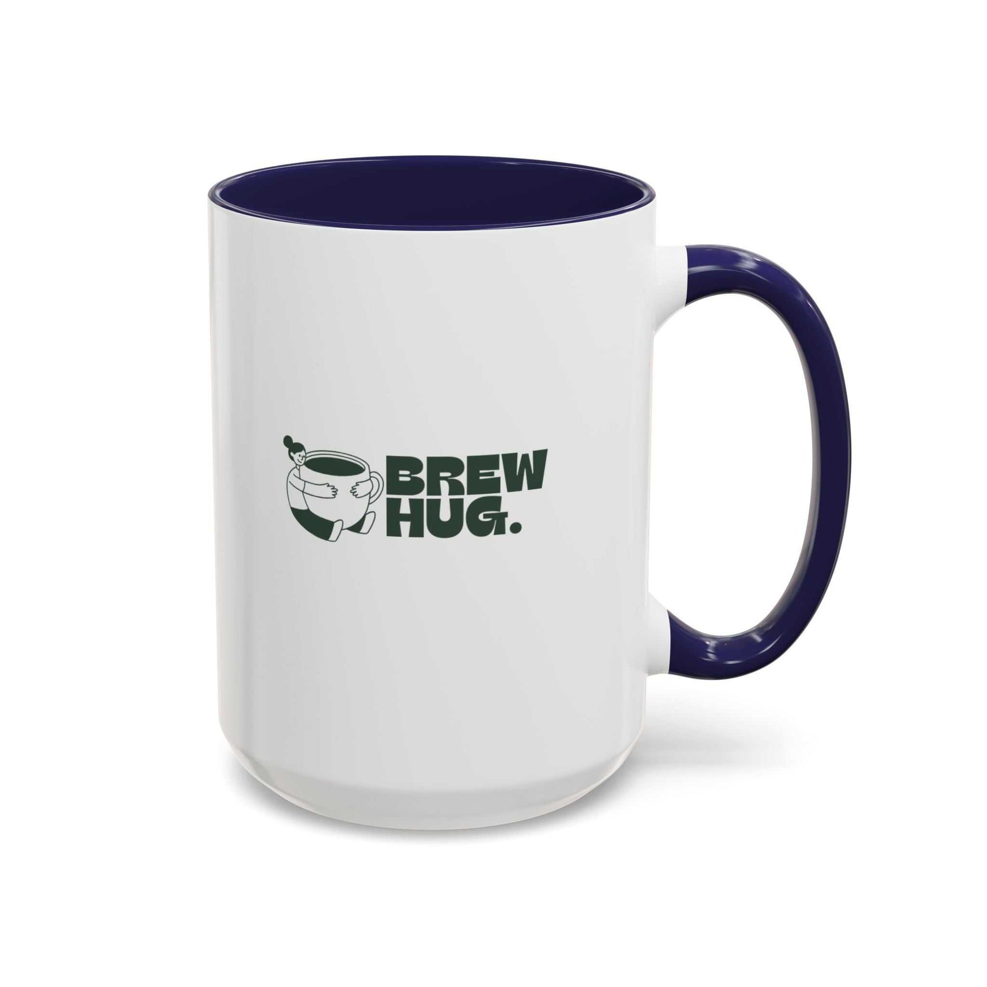 White mug with purple handle and interior, featuring 'Brew Hug' text and graphic.