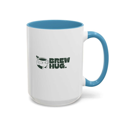 White mug with blue handle and interior, featuring 'Brew Hug' text and graphic.