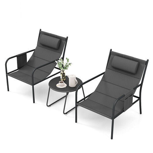3 Piece Outdoor Bistro Set Patio Metal Chair and Coffee Table Set - Gray - Brewhug