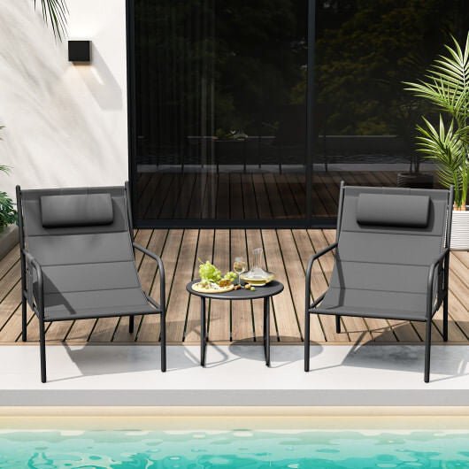 3 Piece Outdoor Bistro Set Patio Metal Chair and Coffee Table Set - Gray - Brewhug