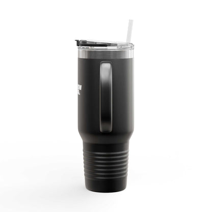 Black insulated tumbler with a straw on a white background