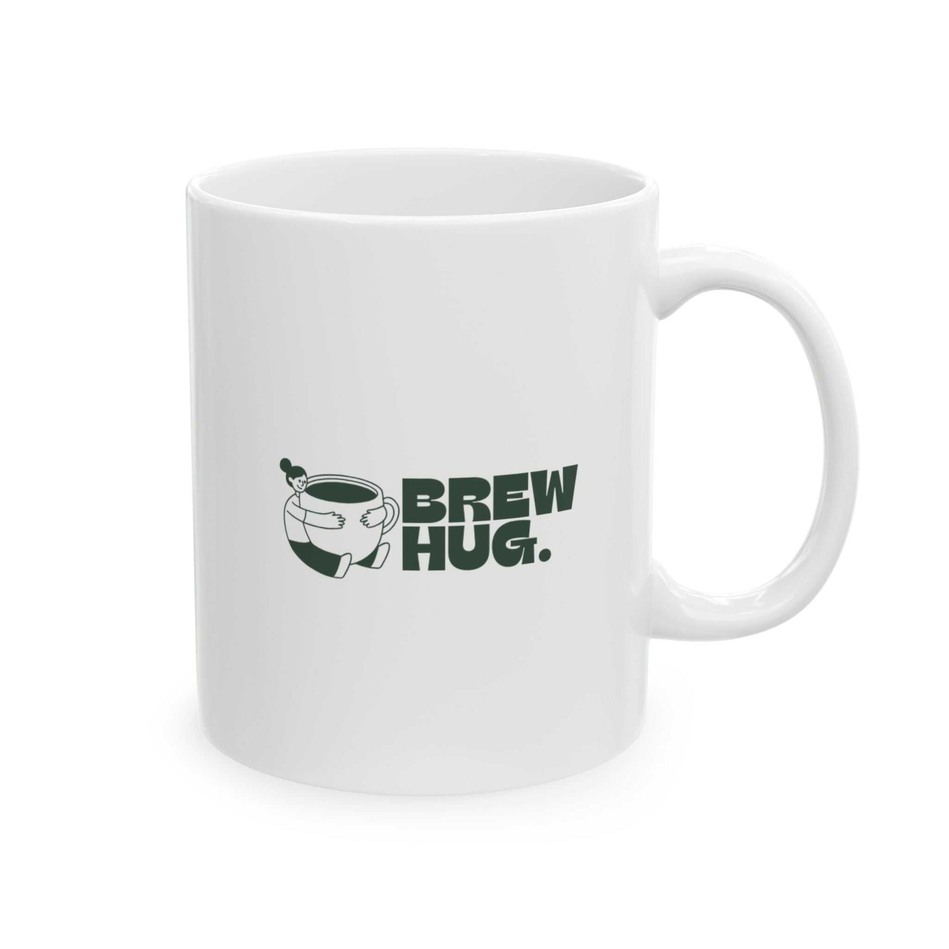 White mug with 'Brew Hug' text and graphic on a white background