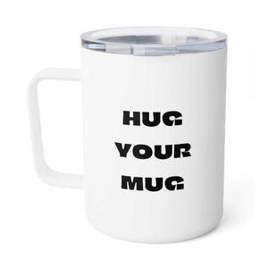 White mug with 'Hug Your Mug' text on a white background