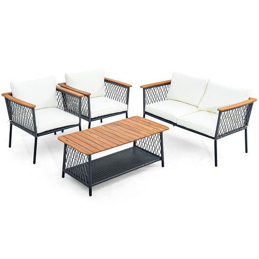 4 Piece Patio Rattan Furniture Set with 2 - Tier Coffee Table - White - Brewhug