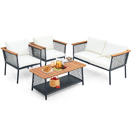 4 Piece Patio Rattan Furniture Set with 2 - Tier Coffee Table - White - Brewhug