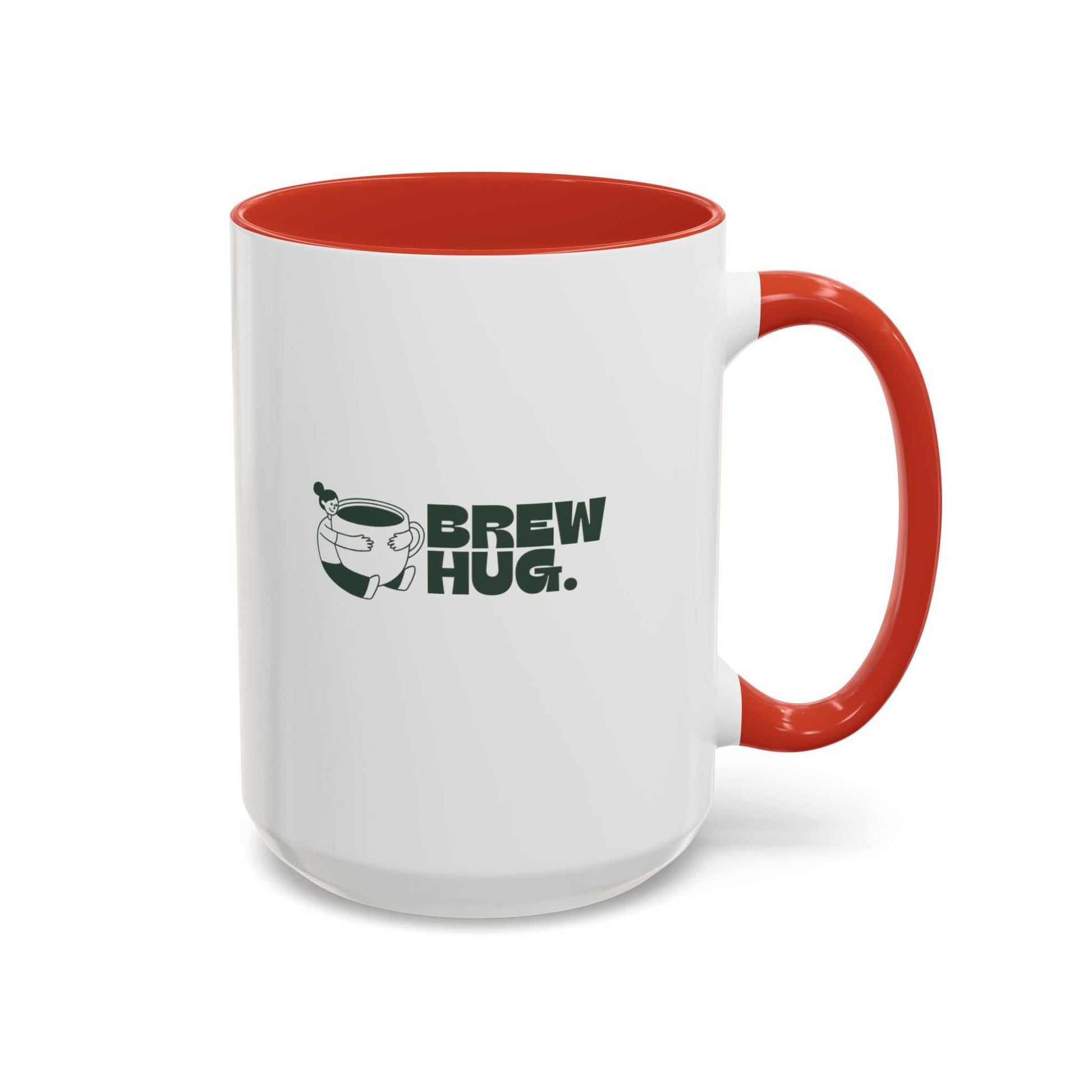 White mug with red handle and interior, featuring 'Brew Hug' text and graphic.