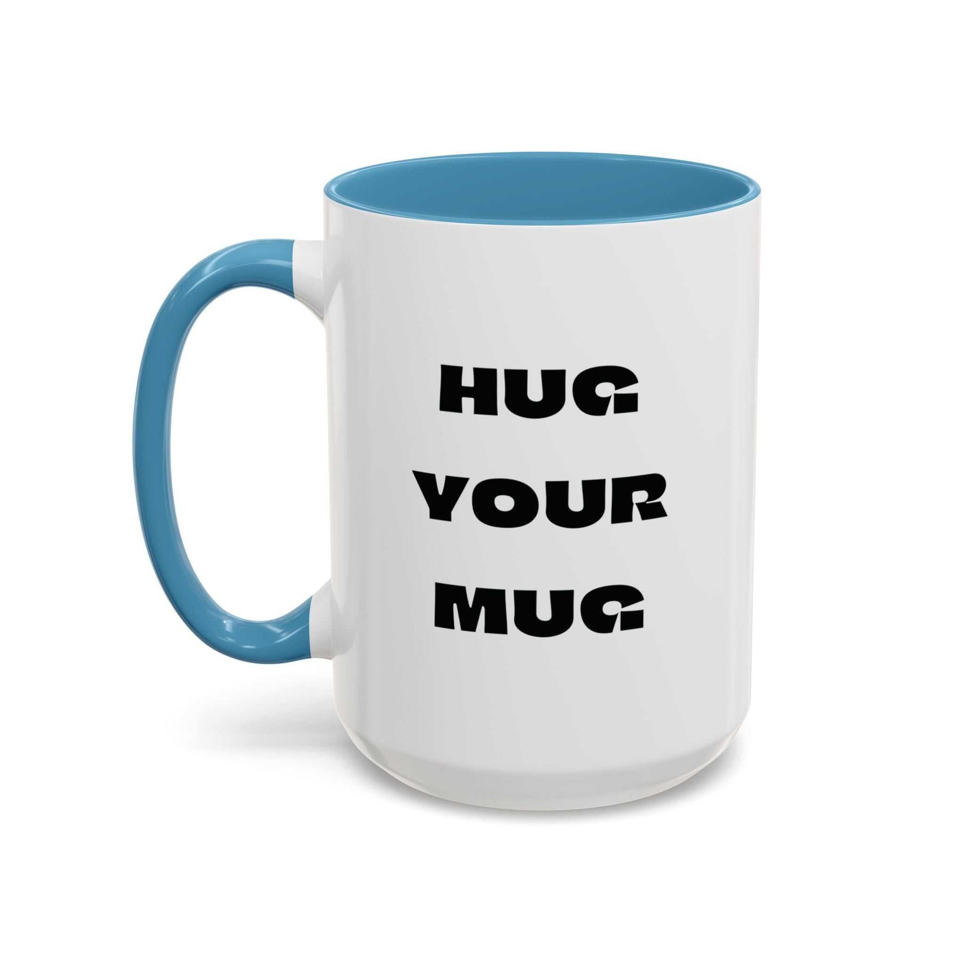 White mug with blue handle and interior, featuring 'HUG YOUR MUG' text on a white background