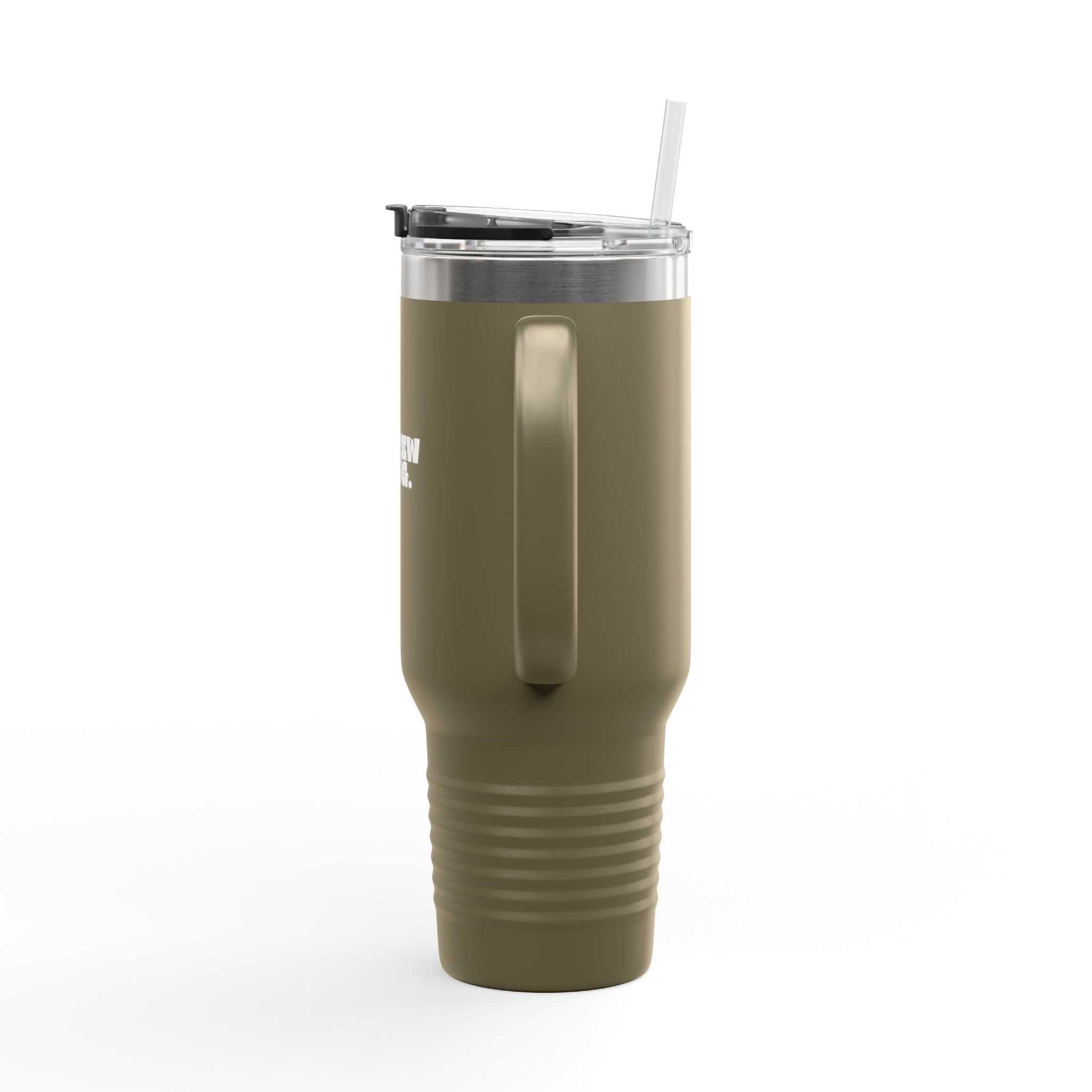 Green insulated tumbler with a straw on a white background