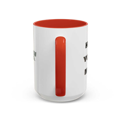 White mug with red interior and handle on a white background