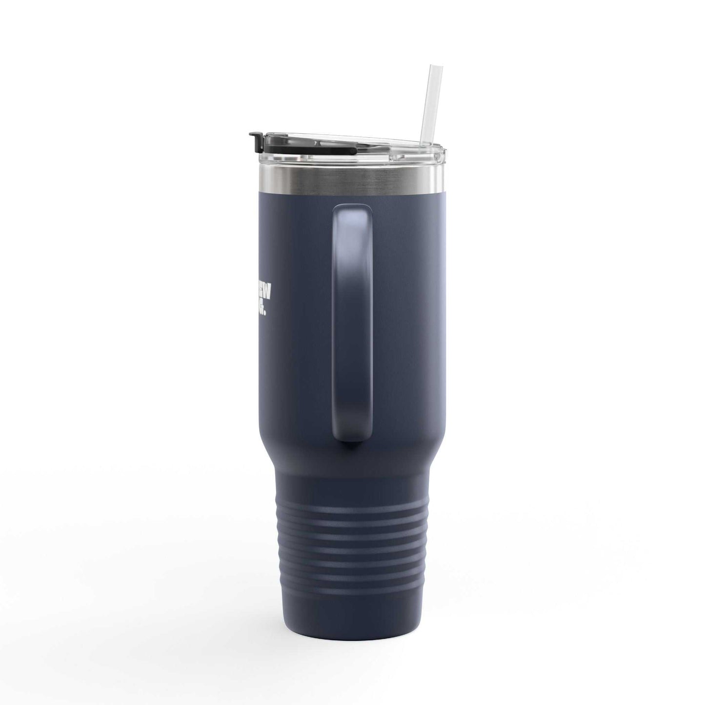 Navy blue tumbler with a straw on a white background