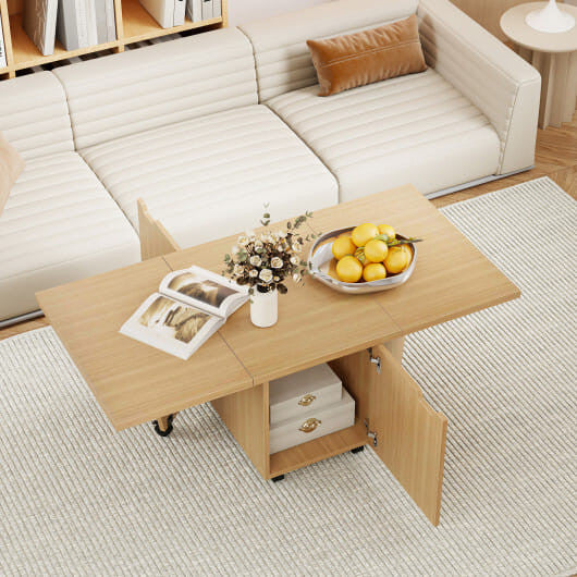 Foldable Coffee Table with Storage Cabinet Extendable Center Table-Oak - Brewhug 