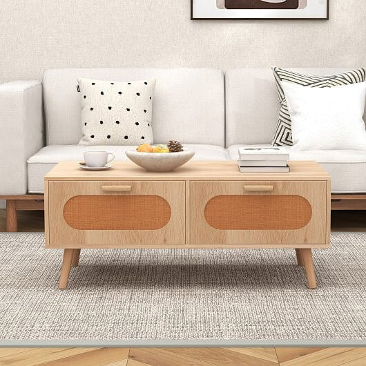 Rattan Coffee Table Mid Century Modern Center Table with 2 Storage Drawers - Natural - Brewhug