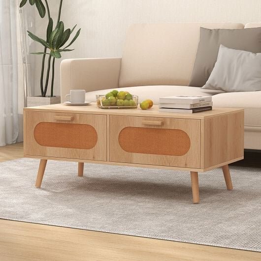 Rattan Coffee Table Mid Century Modern Center Table with 2 Storage Drawers - Natural - Brewhug
