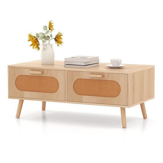 Rattan Coffee Table Mid Century Modern Center Table with 2 Storage Drawers - Natural - Brewhug