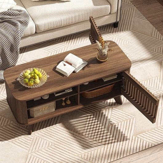 Rectangular Coffee Table with Storage and Adjustable Shelves - Walnut - Brewhug