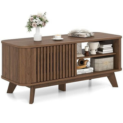 Rectangular Coffee Table with Storage and Adjustable Shelves - Walnut - Brewhug