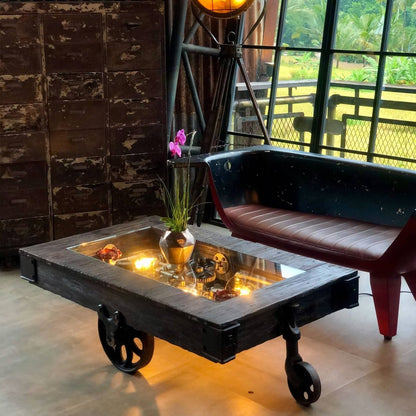 Steam punk wooden Trolley Coffee Table - Brewhug