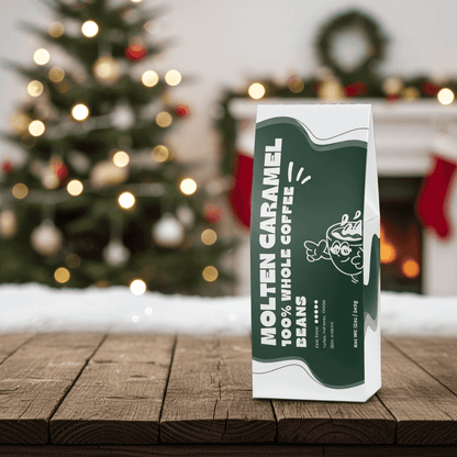 Molten Caramel coffee beans packaging on a wooden surface with a festive background